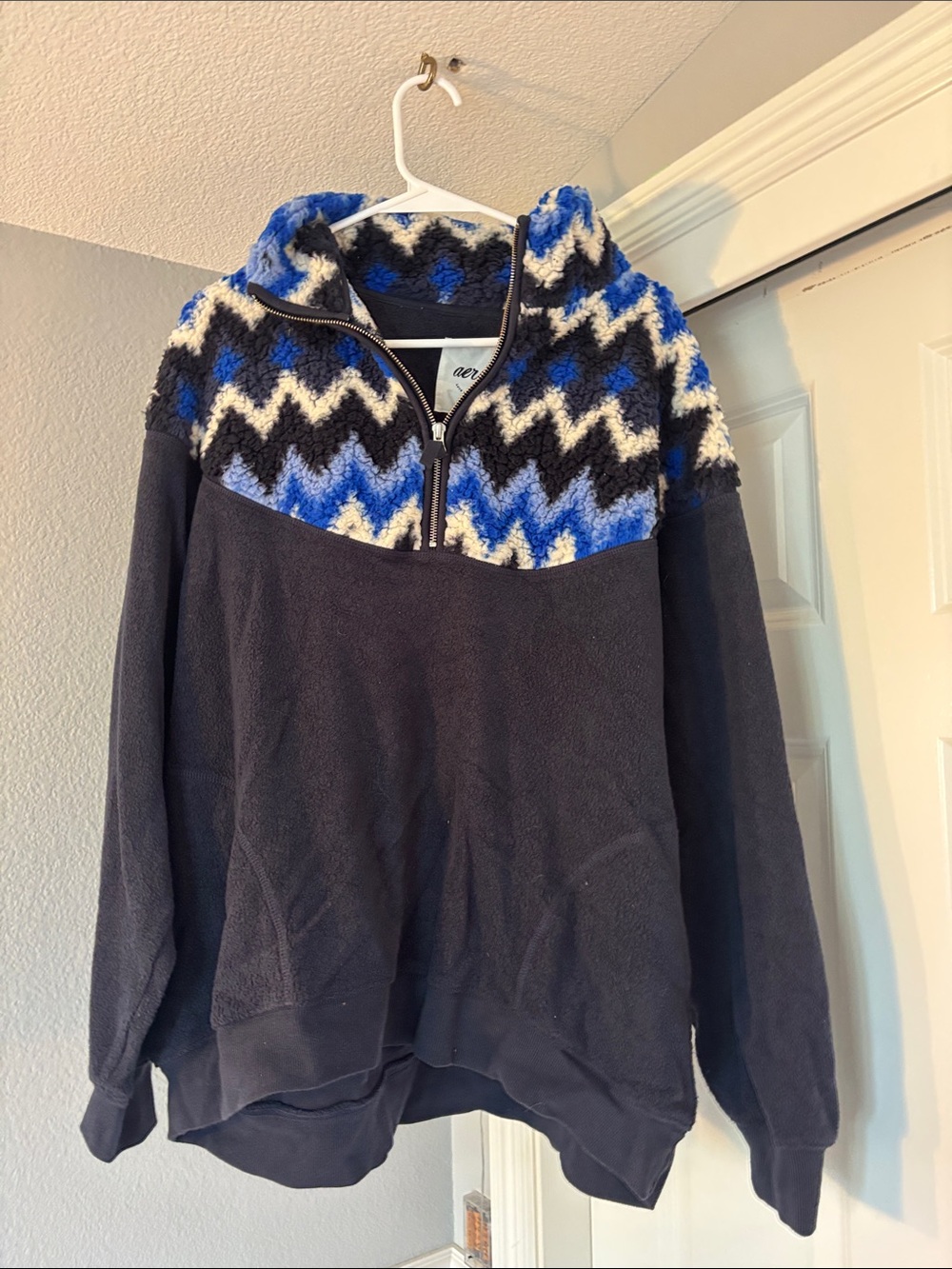 Aerie Navy Pullover Fleece Sweater with Blue Chevron Sherpa Yoke